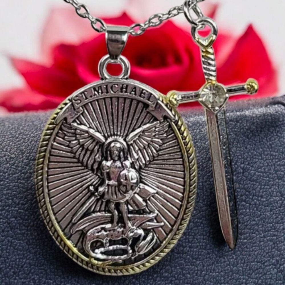 St Michael Archangel Necklace Sword Ephesians 6:10 Armor of God Christian Saint - Picture 8 of 10